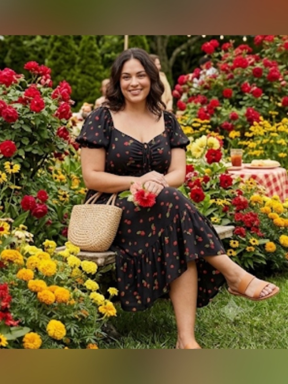 Ava & Viv Strawberry Floral Midi Dress with Red Strawberries Size 2X